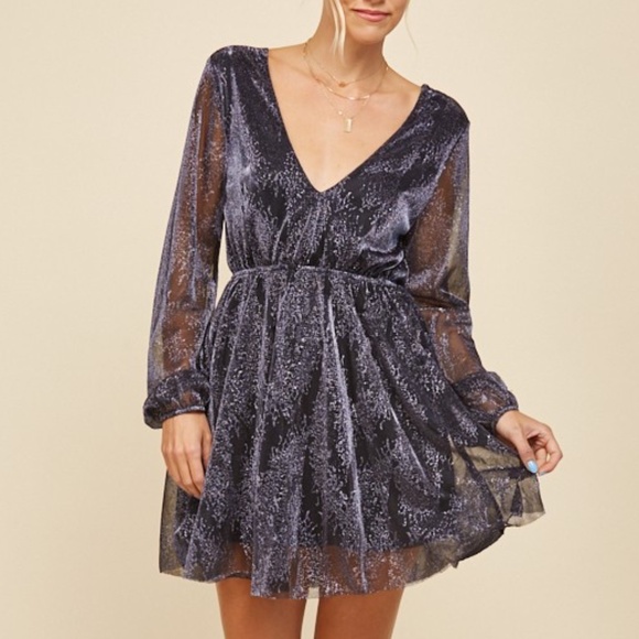 Indigo Metallic Sparkling Mesh Long Sleeve Cocktail Holiday Party Mini Dress - Picture 1 of 8